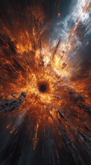 A fiery, abstract vortex radiates outward with a dark center, surrounded by swirling patterns of orange, yellow, gray, and blue
