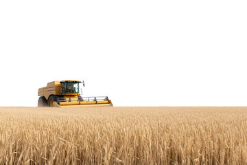 A combine harvester working in a golden wheat field against a white isolated background.