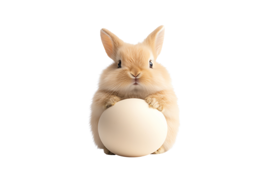 A cute bunny holding a white egg, sitting on a soft background.