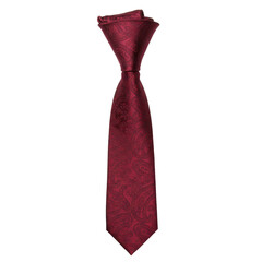 Crimson paisley necktie with intricate knot detail, isolated on white background