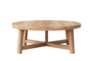 A modern wooden coffee table with a round top and unique support, perfect for contemporary living spaces.