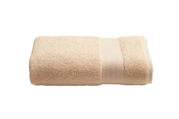 A neatly rolled beige towel on a white background, perfect for spa or bathroom decor.