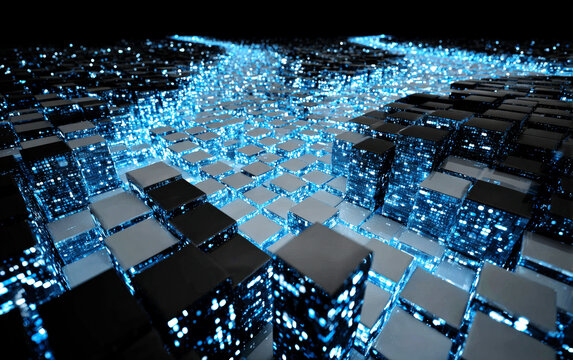 Abstract blue glowing cubes forming a modern and tech - oriented pattern