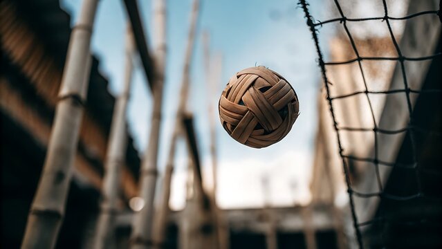 Dynamic sepak takraw ball in mid-air action with bamboo poles and net, capturing thrilling sport moments