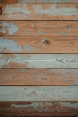 Fototapeta premium A weathered wooden plank surface displays horizontal lines of light brown wood with faded, mottled, and peeling light teal paint.