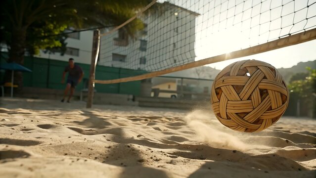 Dynamic sepak takraw ball in mid-air action on sandy beach court during golden hour sunlight