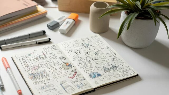 Open notebook with detailed sketches and diagrams on desk stationery plant