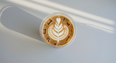 Refreshing Iced Coffee with Latte Art and Sunlight Shadows