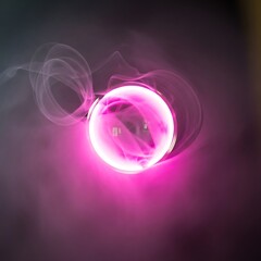 Enigmatic glowing orb radiating vibrant pink light with swirling ethereal wisps on dark surface