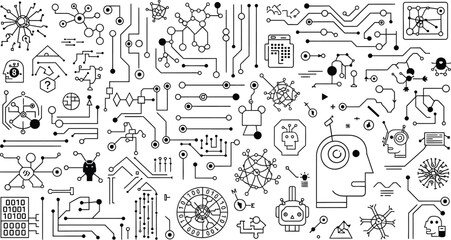 A complex network of interconnected circuits and stylized robot heads on a white background design element