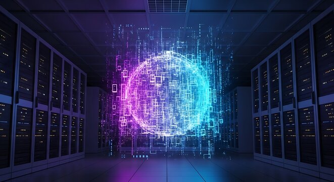 Futuristic Data Center with Holographic Globe and Server Racks.