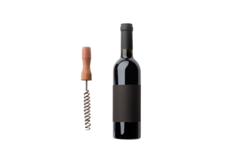 Bottle of wine with corkscrew on a white isolated background.