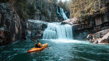 A person paddling a kayak near a small waterfall, with water cascading in the background. The scene is full of natural power.