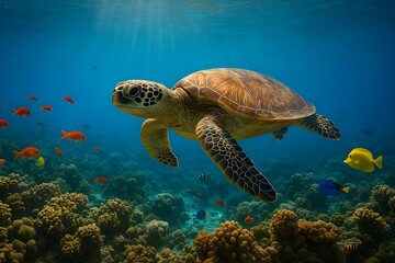 Obraz premium Sea Turtle Swimming Gracefully Amongst Coral Reefs in a Vivid Underwater Scene