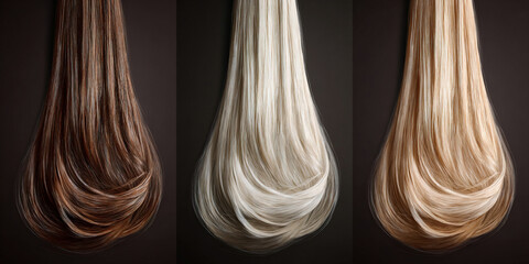 Obraz premium Three glossy hair locks in brunette, platinum and honey blonde tones on dark studio background, silky texture and smooth waves ideal for salon advertising and color comparison visuals - AI generated