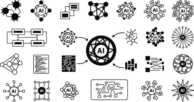 Collection of ai related icons including neural networks algorithms and data structures in black and white