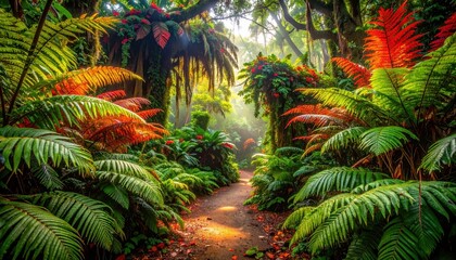 A vibrant path winds through a lush, tropical forest, bathed in the warm sunlight filtering through the dense canopy.