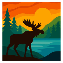 Moose by Lake at Sunset – Minimal Wilderness Vector