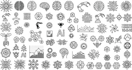 Collection of ai themed line art illustrations featuring brains robots and data representations
