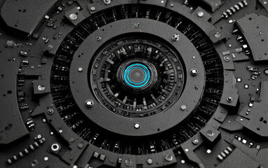 Close-up view of a complex mechanical circular device