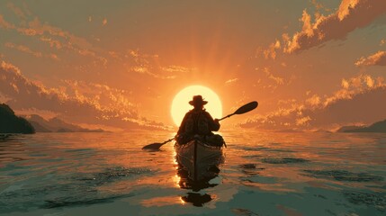 A person on a long-distance kayaking trip, with a loaded boat, paddling toward a sunset. The image is about a long journey.