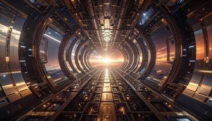 Obraz premium A futuristic tunnel extends into the distance, illuminated by a vibrant sunrise. The intricate metallic architecture and vast, starry expanse beyond create a sense of wonder and adventure.