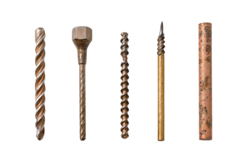 Collection of various metal drill bits on a white isolated background.