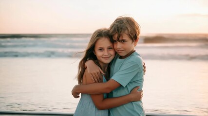 Two children hugging on beach at sunset