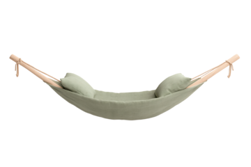 Comfortable green hammock with pillows, perfect for relaxation in any outdoor or indoor setting, isolated on a white background.