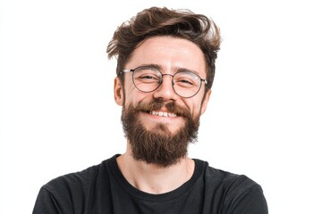 Obraz premium A man with curly hair and glasses stands confidently with a smile, enjoying a moment of joy. The light background accentuates his happy expression and relaxed posture.