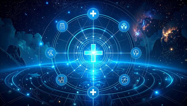 Futuristic medical technology network graphic