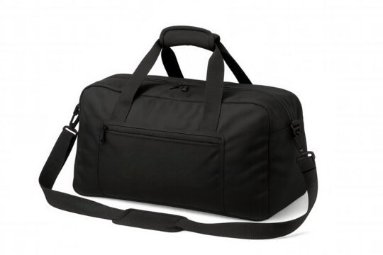 Black sport bag displaying handles, shoulder strap, designed for gym, travel, fitness, positioned against transparent background