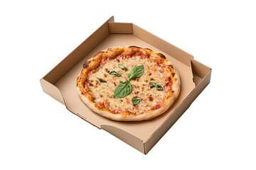 Delicious pizza with fresh basil placed in a cardboard box, ready for delivery.
