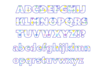 Obraz premium カラフルなキラキラ模様がデザインされた英字フォントセットのイラスト｜大文字と小文字を含み、タイポグラフィやデザイン制作、装飾に活用できるベクター素材