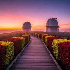Fototapeta premium Sunrise boardwalk to twin observatory domes framed by colorful hedges and pastel sky.