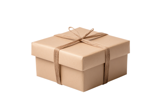 Elegant gift box wrapped with twine on a white isolated background.