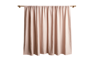 Elegant pink curtain hanging gracefully on a wooden rod against a white background.