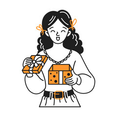 Cheerful woman in cartoon style with opened gift box. Black and orange colors. Represents joy of receiving presents. Ideal for holiday and celebration themes.