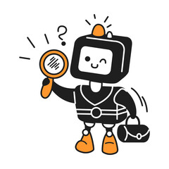 Adorable robot character with a magnifying glass and briefcase. The creature winks playfully. Cartoon style with orange accents on a white background.