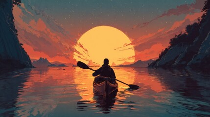 A person on a long-distance kayaking trip, with a loaded boat, paddling toward a sunset. The image is about a long journey.