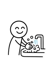 Minimalist Line Art of Smiling Character Washing Hands with Soap and Water
