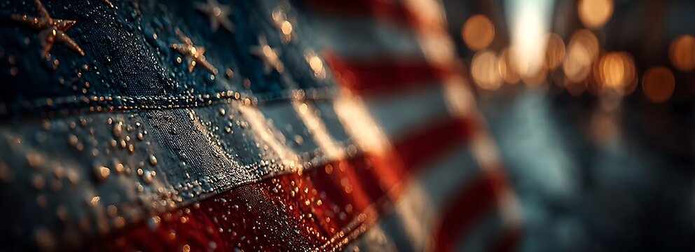 Close-up of American Flag with Water Droplets and Bokeh Lights rain