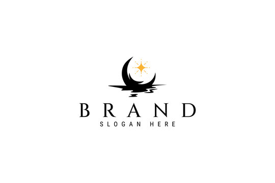 Crescent moon silhouette logo with floating view on water decorated with stars in flat vector design style