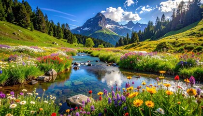A picturesque alpine meadow, teeming with vibrant wildflowers, flows beside a clear stream, under a vibrant sky, with majestic mountains rising in the background.