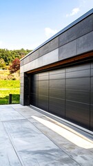 Obraz premium Modern garage door, sleek design, hillside setting