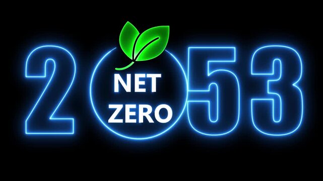 Neon animation depicting net zero goal reached by year 2053 in green sustainability.