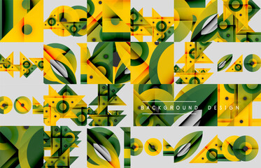 Abstract geometric pattern. Yellow, green shapes overlap creating dynamic visual texture. Modern design elements present.