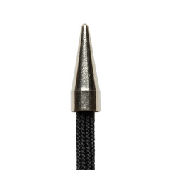 Metallic cone and braided black cord detail, close-up object, isolated on white background