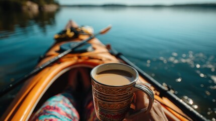 A person sitting in their kayak, with a cup of coffee, enjoying a quiet moment on the water. The image is about peace and relaxation.