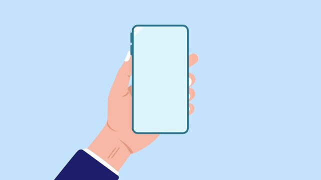 Flat vector illustration of a hand holding a smartphone with a blank screen, ideal for mobile app presentation, digital marketing, communication, or technology concepts.